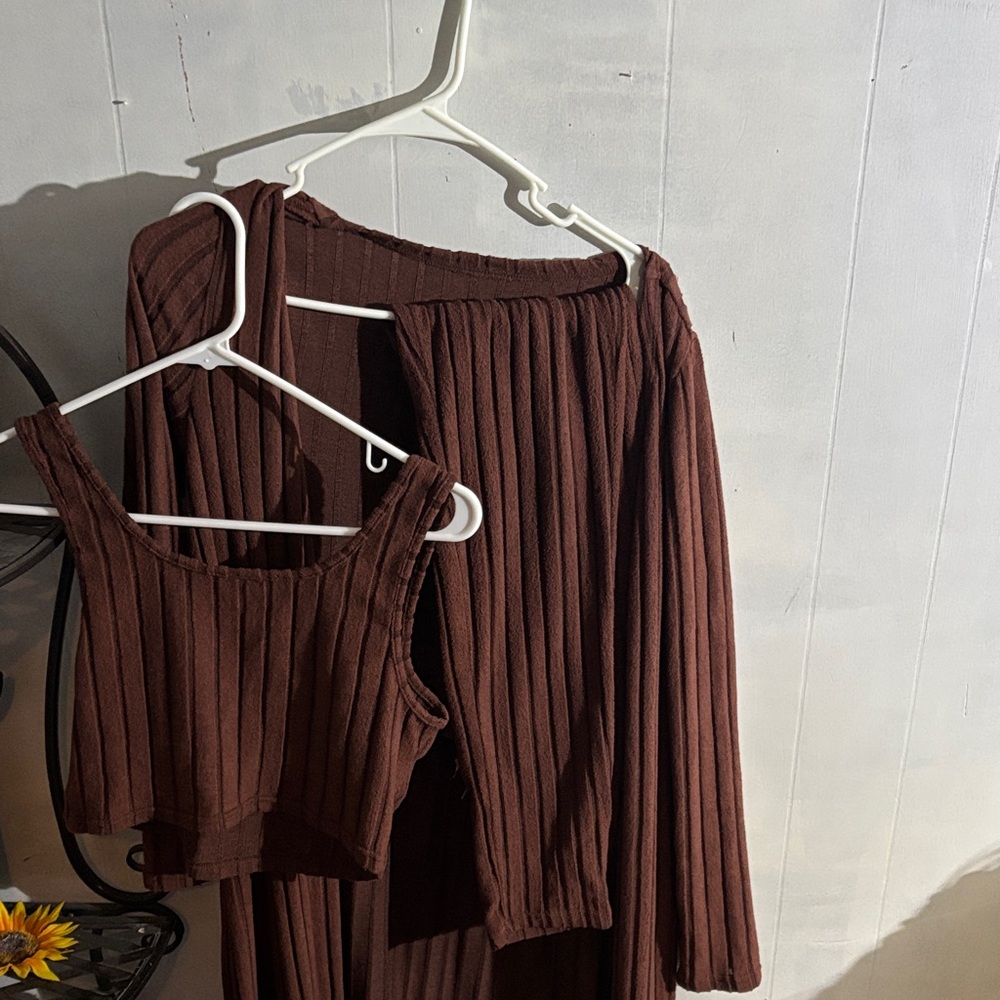 SHEIN Brown Ribbed Pants with Matching Cropped Tank And Cardigan 3 Piece Set
